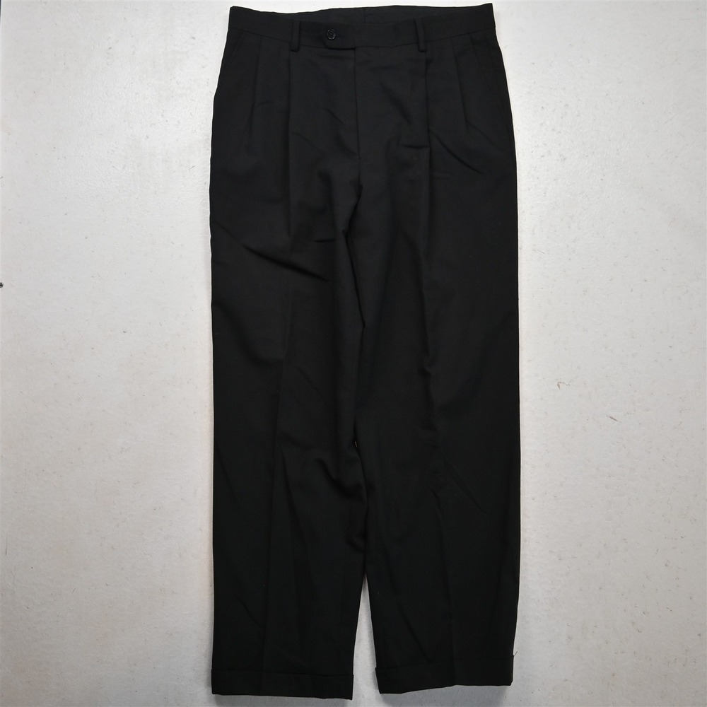 Vtg Y2K 2000s 32x30 Black 100% Wool Pleated Cuffed High Waist Baggy Dress Pants